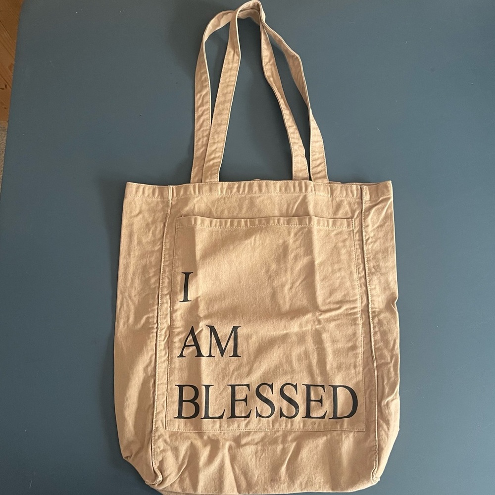 I am blessed tan tote bag front pocket 16 X 17